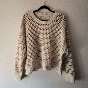 Cream Raglan Sleeve Boho Crochet Style Sweater Open Knit Cottage Neutral Tan